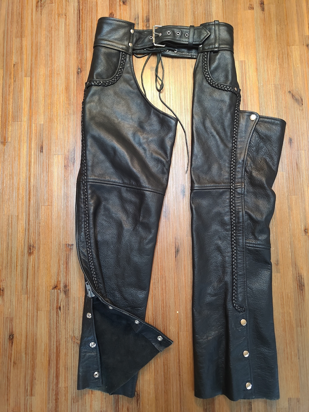 Black Leather Motorcycle Chaps with Braided Trim, Lace Up Back,  Adjustable S